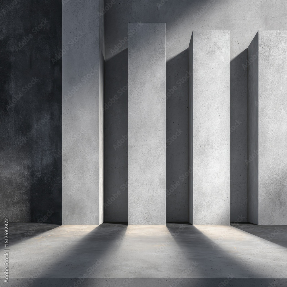 Abstract grayscale rendering of a minimalist interior with tall, light gray concrete pillars casting shadows on a floor, set against a darker textured wall Abstract grayscale rendering of a minimalist interior with tall, light gray concrete pillars casting shadows on a floor, set against a darker textured wall