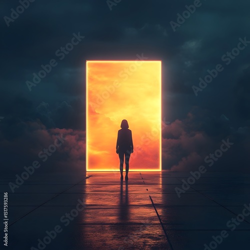 Silhouetted Person Standing in Front of a Giant Glowing Portal in a Dark Space, silhouette of a woman standing on a door