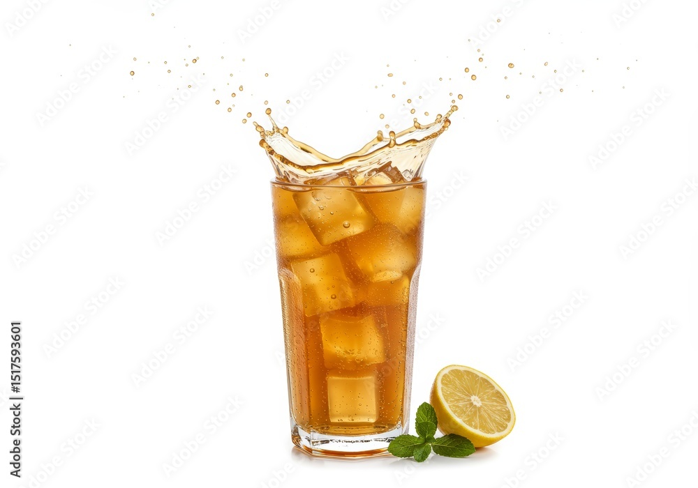Fototapeta premium Refreshing Iced Tea Splash with Lemon and Mint Against White Background