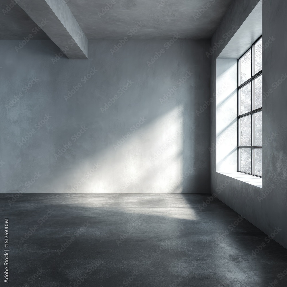 Sunlit corner of a minimalist room with a large window, featuring a concrete floor and walls, showcasing a simple yet elegant interior design Sunlit corner of a minimalist room with a large window, featuring a concrete floor and walls, showcasing a simple yet elegant interior design