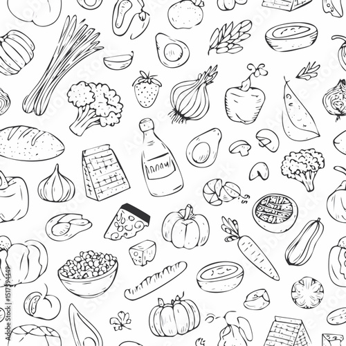 Seamless vector banner with hand drawn supermarket products illustrations. Background with doodle food sketches. Concept for grocery delivery and shopping. Cooking ingredients pattern