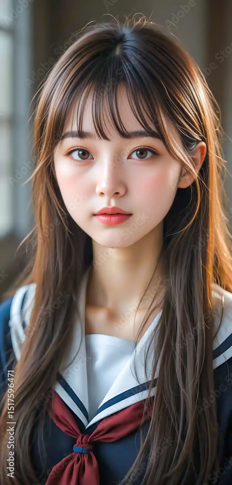 A young woman poses in a school uniform, exuding a blend of innocence and maturity A young woman poses in a school uniform, exuding a blend of innocence and maturity