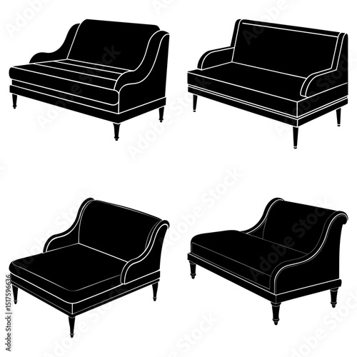 Silhouette illustrations displaying four different styles of couches and chaise lounges on a white background