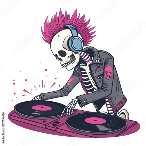 A stylish skeleton DJ with a vibrant mohawk made of bone, skillfully spinning vinyl records at a rave.