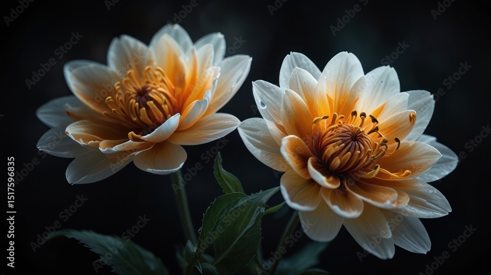 Close-up of two cream and orange dahlia flowers Close-up of two cream and orange dahlia flowers