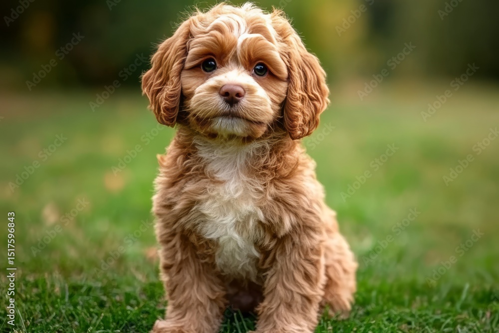 Adorable Cavoodle Puppy with Curly Fur Sitting Playfully on Green Grass in Bright Sunny Outdoors Adorable Cavoodle Puppy with Curly Fur Sitting Playfully on Green Grass in Bright Sunny Outdoors