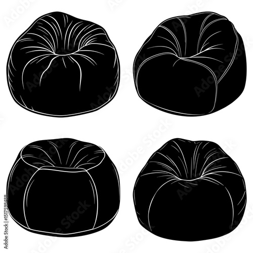 Collection of four black and white beanbag chairs in different styles and perspectives isolated on white