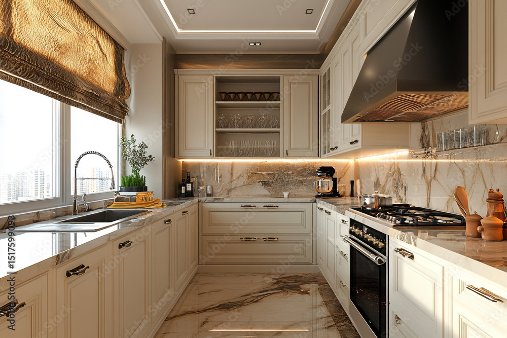 Fototapeta premium Elegant kitchen design with marble countertops cream cabinets and gold accents a modern take on classic style offering a bright and airy atmosphere