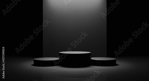 3D blank product shelf standing on sleek black podiums with dramatic lighting and reflective dark surface for luxury product presentation visuals.