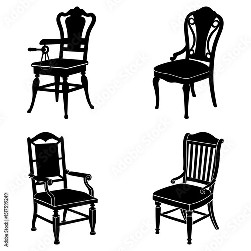 Four different chair designs in black silhouette with varying armrests and back styles shown