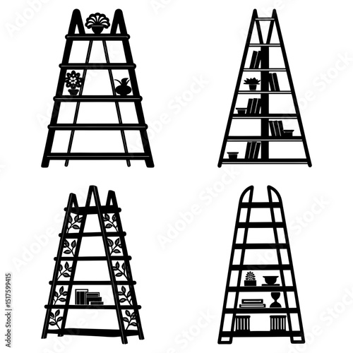 Four ladder shelves with various decorations like plants books and vases in a black and white illustration
