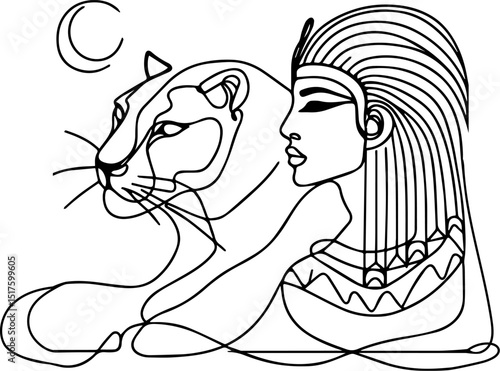 Abstract line art of a queen and lion against a moon backdrop