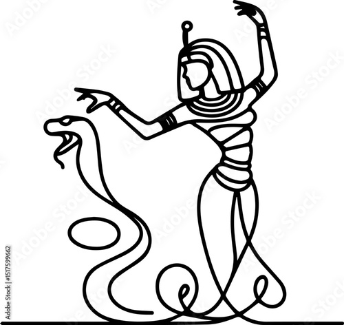 Ancient Egyptian woman in flowing attire interacting with a snake  