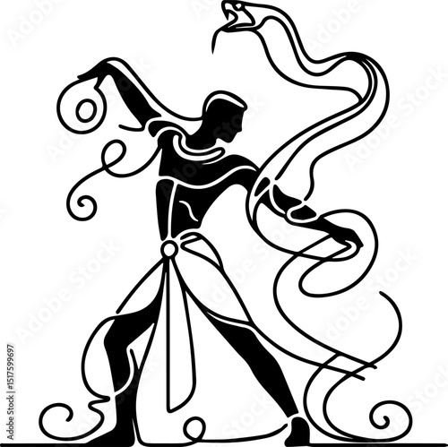 Ancient Egyptian woman dancing with snakes in a stylized illustration  