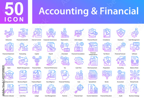 Accounting & Financial Collection of Icons with Colorful Glyphs. Containing: Deduction  ,Financial Controller  ,Internal Control  ,Corporate Governance  ,Depreciation  ,Data Analysis 