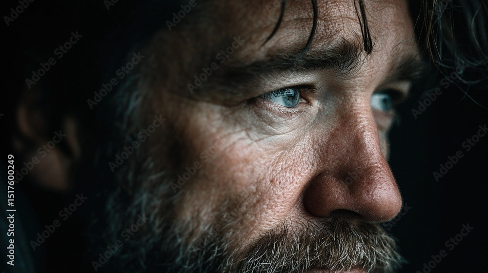 Fototapeta premium Close-up portrait of a man with a thoughtful expression. Detailed view of his face, eyes, and facial features