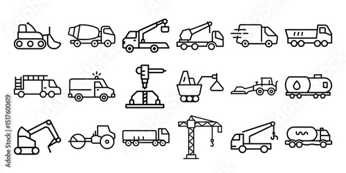 Minimal line icons featuring a wide range of construction, utility, and industrial vehicles including bulldozers, cranes, cement mixers, fire trucks, tankers, and transport trucks. Perfect for use in 