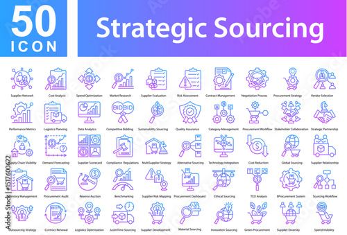 Strategy Sourcing of Icons collection with outline gradient. Containing: Nursing,Executive Coaching,Mechanical Engineering,Aerospace Engineering,Sustainable Agriculture,Curriculum,Content Creation