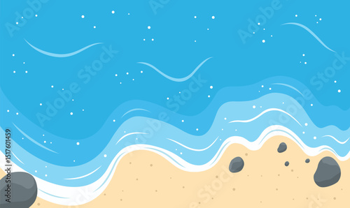 Aerial Top View of Blue Ocean Waves Gently Crashing and Rolling Onto a Peaceful Sandy Shoreline
