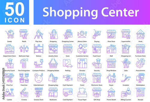 Shopping Center Collection of Icons with outline gradient. Containing: Goods,Retail,Play Area,Shopping,Shopping Center,Beauty Salon,Buying,Shoe Store,Supermarket,Kiosk,Department Store,Bathroom Sign