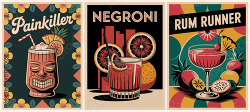 Retro mid-century modern cocktail posters set featuring Painkiller, Negroni, and Rum Runner. Stylish vintage bar art perfect for cocktail menus, home bars, and party invitations
