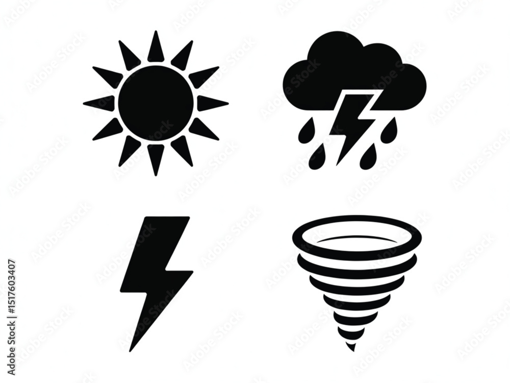 Weather Icons Sunny, Stormy, Lightning Bolt and Tornado on Transparent Background Weather Icons Sunny, Stormy, Lightning Bolt and Tornado on Transparent Background