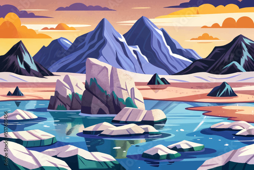 Majestic arctic landscape vector with water, snowy iced mountains and rocks. North pole problems, melted ices cartoon illustration
