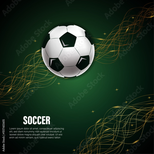 Dynamic soccer background. Abstract golden lines, and green textured field. Perfect for sports banners, flyers, and tournament advertisements.