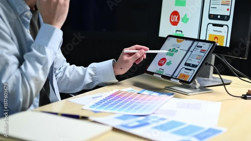 UX graphic designer planning application process development prototype wireframe for web smart phone.
