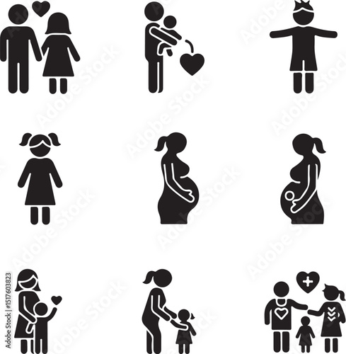 A set of  of couple, parent, child, pregnancy, parenting, social care, black silhouette
