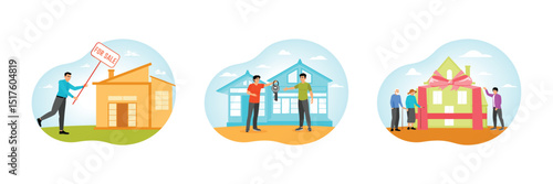 House for Sale. Real Estate Agent. Elderly Couple Receiving a Gift-Wrapped House.