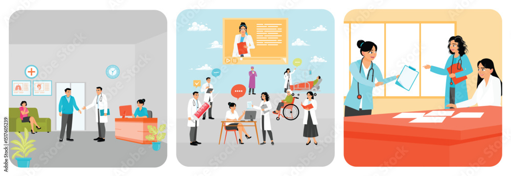 Fototapeta premium Doctor Greeting Patient. Collaborative Medical Team. Clinic staff meeting.