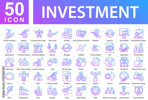 Investment Collection of Icons with Colorful Glyphs. Containing: Growth Investing,Inflation,Consumer Price Index,Index Fund,Portfolio,Gross Domestic Product,Deflation,Platinum,Stock Market,Fundamental