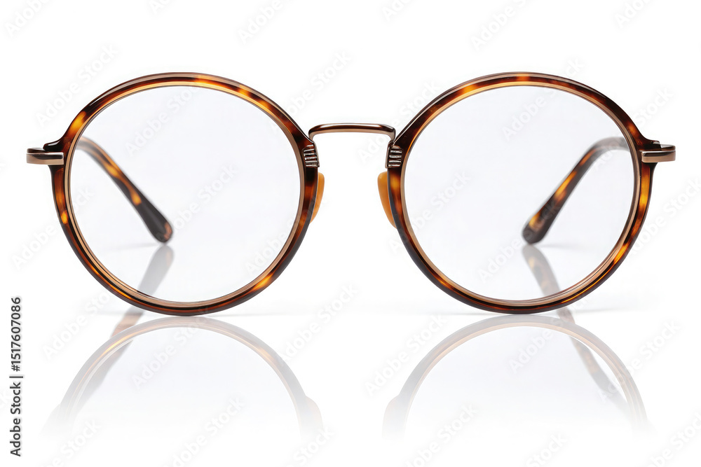 Fototapeta premium Round tortoiseshell eyeglasses front view isolated on white