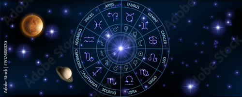 Zodiac signs for horoscope, illustration on the background of the starry sky.