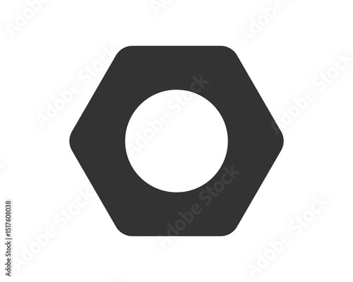 Simple, graphic icon of a hex nut. Clean design, solid fill. Great for engineering, construction, or technical themes. Use for logos, web, presentations,  more.