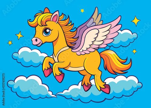 Cute winged pony soaring through clouds.