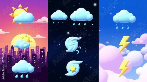 Cartoon-style weather forecast icons in vertical panels showing sun, rain, wind, and lightning