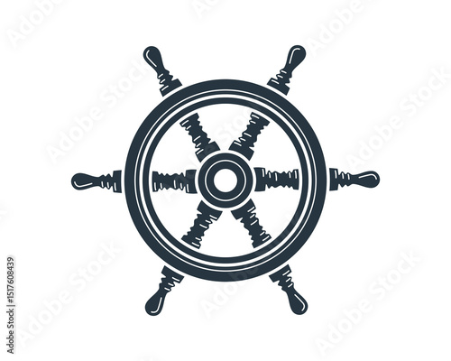 Nautical emblem featuring a detailed ships wheel. Represents guidance, control, and adventure. Perfect for travel, seafaring, or leadership concepts. Clean design.