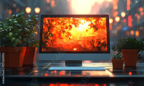 Computer display showing abstract autumn leaves, flanked by potted plants, on a reflective surface in an urban setting