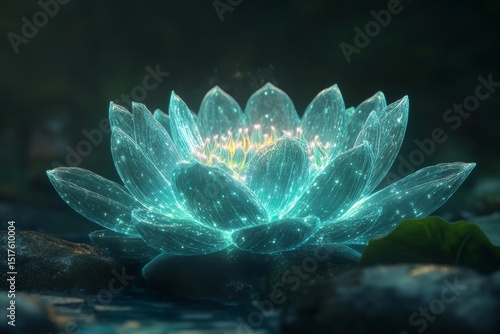 Glowing water lily radiates light in serene pond amidst lush greenery during twilight