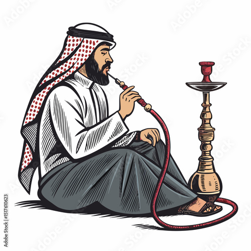 A detailed illustration of an Arabian man, isolated on a white background, leisurely smoking a hookah.  Focus on intricate details of clothing and the hookah.
