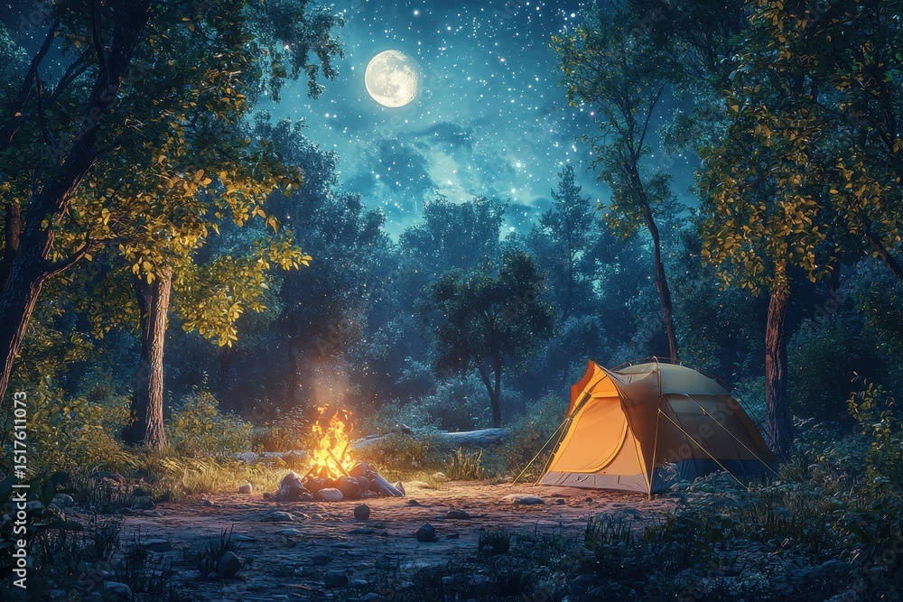 Tranquil Night Camping Scene with Tent and Campfire Under Starry Sky and Full Moon in Forest Tranquil Night Camping Scene with Tent and Campfire Under Starry Sky and Full Moon in Forest
