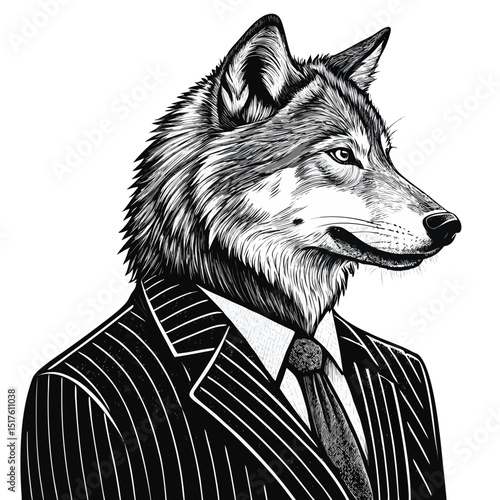 A sophisticated wolf, impeccably dressed in a sharp pinstripe suit, stands against a pure white background.  The image should emphasize the contrast between the wild animal and formal attire.
