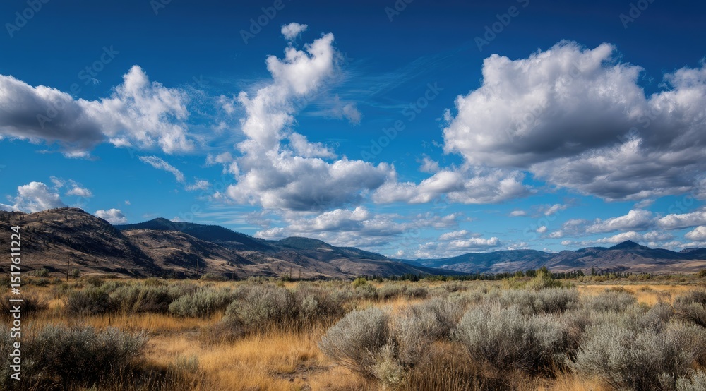 Expansive landscape showcasing a valley floor dotted with low-lying shrubs and grasses, nestled between gently rolling hills under a vibrant blue sky filled with fluffy white clouds Expansive landscape showcasing a valley floor dotted with low-lying shrubs and grasses, nestled between gently rolling hills under a vibrant blue sky filled with fluffy white clouds
