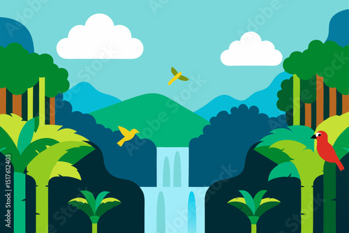 amazon rainforest with tree canopies parrots background