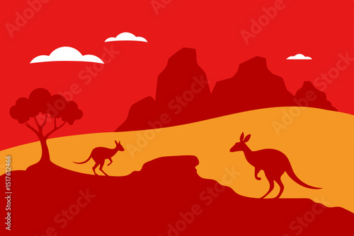 Australian outback with red soil wild kangaroos  background