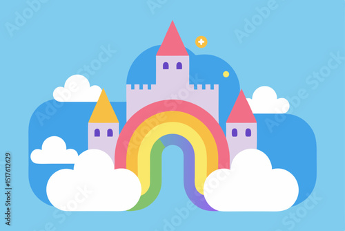 A whimsical pink fairy tale castle with towers, perfect for a princess, floats in the sky as a charming cartoon vector illustration