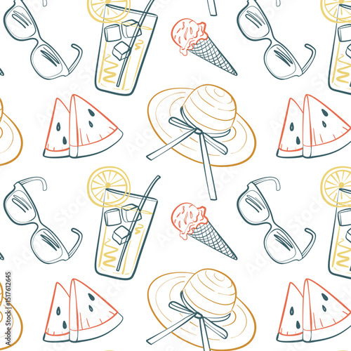 Seamless summer pattern with hand drawn line art of sunglasses, ice cream, lemonade, hat, and watermelon.