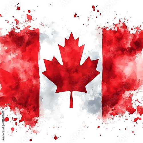 Artistic watercolor rendering of the canadian flag featuring the iconic maple leaf symbol